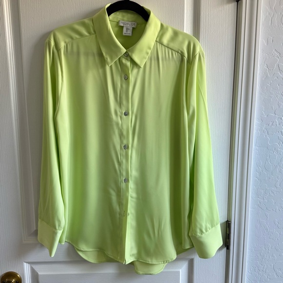Rachel Zoe Collared Button Down Long Sleeve Blouse Shirt Bright Mint Green Sz L - Picture 1 of 9